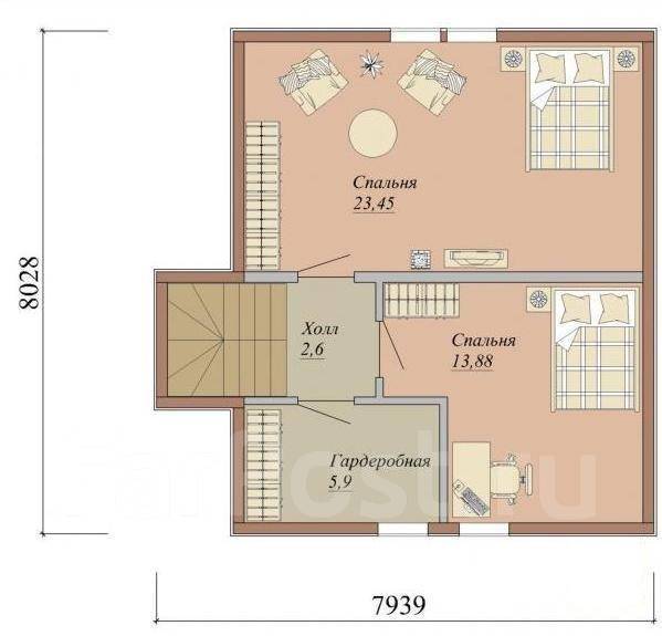 Планировка второго этажа с лестницей Мэйфер 98, 100-200 кв. м. 98,0 кв. м. 2 этажа, каркас во Владивостоке