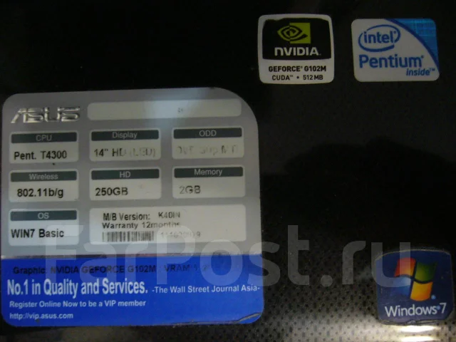 ASUS K40IN. 2����, ��� 2048 ��, ���� 250���, WiFi: 1, ����������� �� 4��. ����
