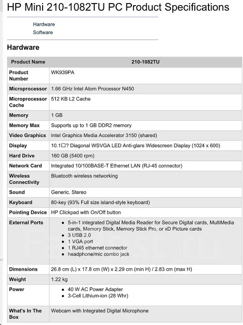 HP Mini. ��� 1024 ��, ���� 160��� ����