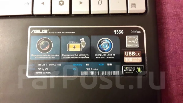 ASUS N55SF. 2,4����, ��� 6 ��, ���� 750���, WiFi: 1, Bluetooth: 1, ����������� �� 3��. ����