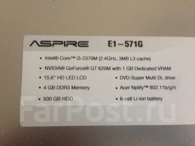 Acer Aspire E1-571G-32374G50Mnks. 2,4����, ��� 4 ��, ���� 500���, WiFi: 1, ����������� �� 3��. ����