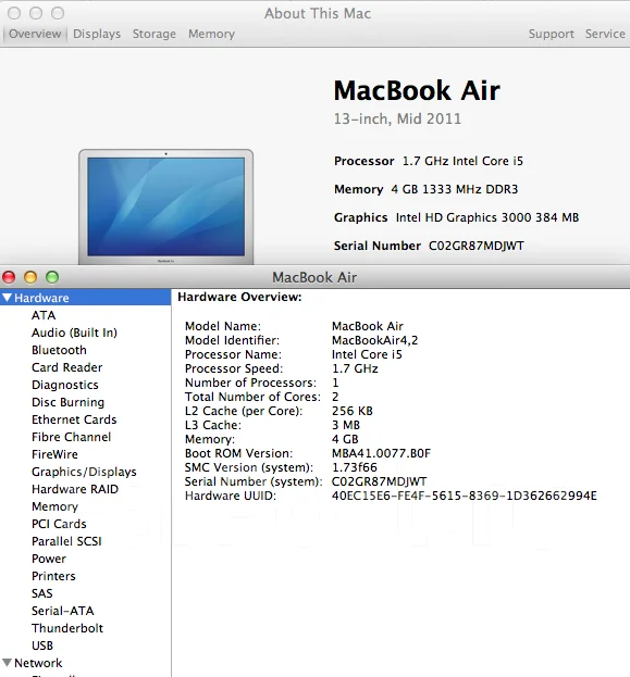 Apple MacBook Air 11 2011 Mid MC968. 1,7����, ��� 4 ��, ���� 128���, WiFi: 1, Bluetooth: 1, ����������� �� 9��. ����