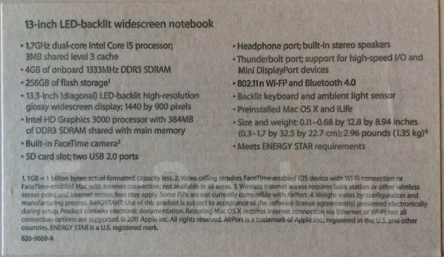 Apple MacBook Air 13 2011 Mid MC966. 1,7����, ��� 4 ��, ���� 256���, WiFi: 1, Bluetooth: 1, ����������� �� 8��. ����