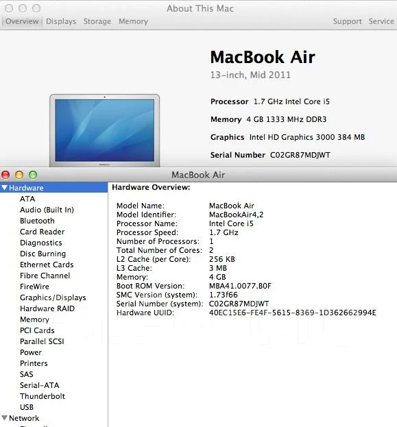 Apple MacBook Air 13 2011 Mid MC965. 1,7����, ��� 4 ��, ���� 128���, WiFi: 1, Bluetooth: 1, ����������� �� 5��. ����
