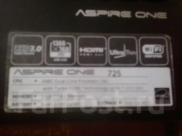 Acer Aspire One 725. 1,3����, ��� 2048 ��, ���� 500���, WiFi: 1, Bluetooth: 1, ����������� �� 5��. ����