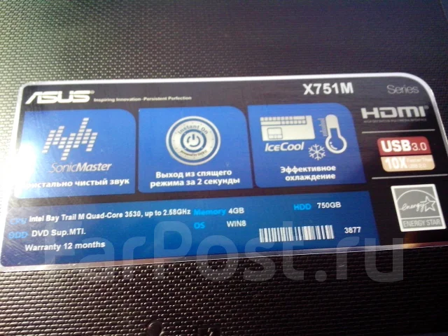 Asus X751. 2,1����, ��� 4 ��, ���� 400���, WiFi: 1, Bluetooth: 1, ����������� �� 4��. ����