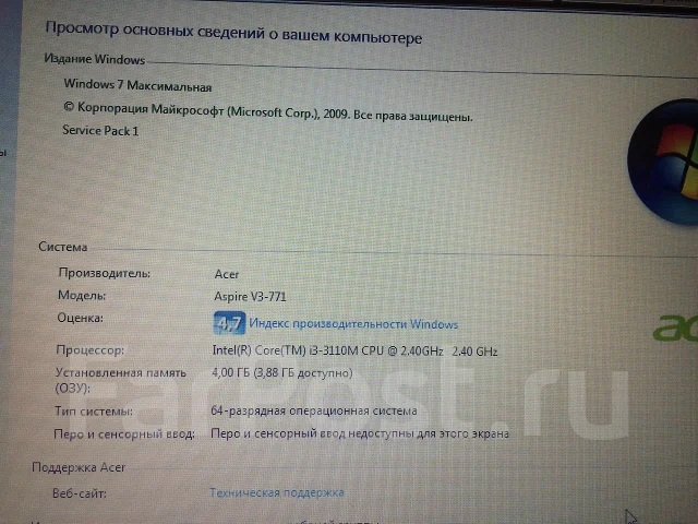 Acer Aspire V3-771G. 2,4����, ��� 4 ��, ���� 500���, WiFi: 1, Bluetooth: 1, ����������� �� 2��. ����