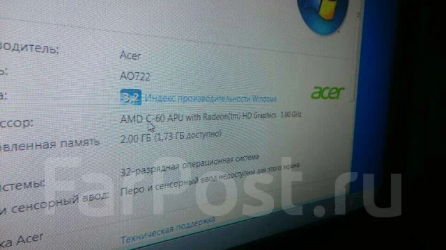 Acer Aspire One 722-C68rr. 1����, ��� 2048 ��, ���� 320���, WiFi: 1, Bluetooth: 1, ����������� �� 7��. ����