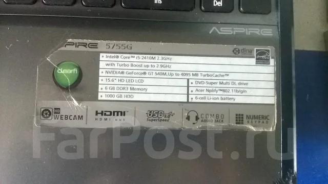 Acer Aspire 5755G. 2,3����, ��� 6 ��, ���� 1 000���, WiFi: 1, Bluetooth: 1, ����������� �� 3��. ����