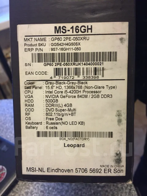 MSI GP60 2PE Leopard. 15.6", 2,4����, ���� 500���, WiFi: 1, Bluetooth: 1, ����������� �� 6��. ����