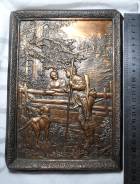 Чеканка по металлу. Картина. Селянин, охотник и собака.