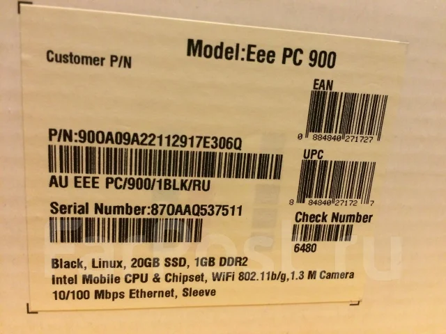 Asus Eee PC 900. 1����, ��� 1024 ��, ���� 20���, WiFi: 1, Bluetooth: 1, ����������� �� 5��. ����