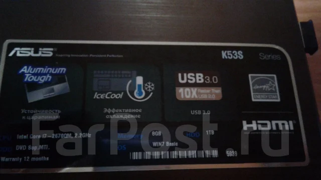 Asus K53S. 15.6", 2,2����, ��� 8 ��, ���� 1 024���, WiFi: 1, Bluetooth: 1, ����������� �� 3��. ����