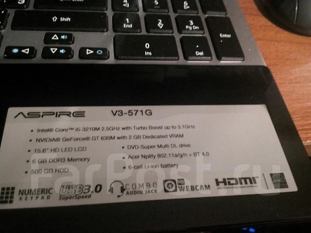 Acer Aspire V3-571G-32374G50Makk. 15.6", 2,5����, ��� 6 ��, ���� 500���, WiFi: 1, Bluetooth: 1, ����������� �� 4��. ����