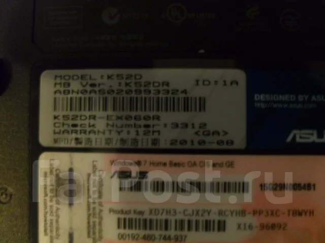 Asus K52DR. 15.6", 2,3����, ��� 4 ��, ���� 250���, WiFi: 1, Bluetooth: 1 ����
