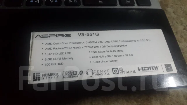 Acer Aspire V3-551G. 15.6", 3 200����, ��� 6 ��, ���� 500���, WiFi: 1, Bluetooth: 1, ����������� �� 6��. ����
