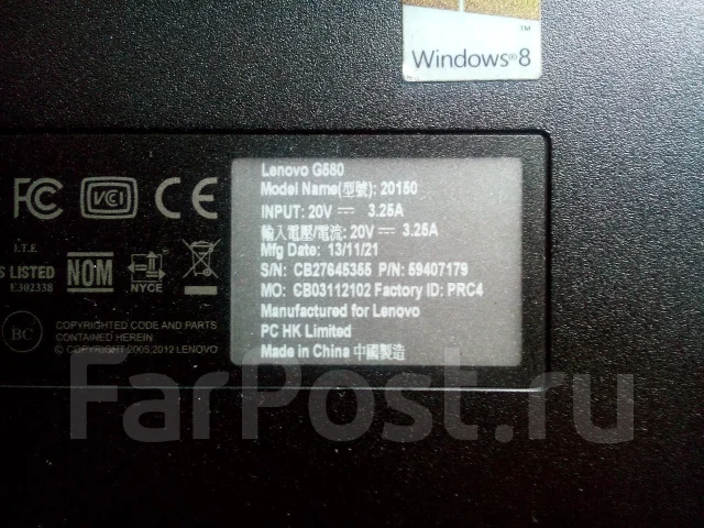 Lenovo G580. 15.6", 2,3����, ��� 4 ��, ���� 500���, WiFi: 1, Bluetooth: 1, ����������� �� 5��. ����