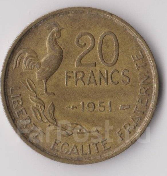 France 20. Франция 20 франков 1952 бронза XF+. Монако 20 франков 1951. Курс Франка 1952.