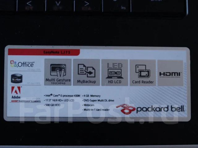 Packard Bell EasyNote LJ75. 17.3", 2,3����, ��� 8 ��, ���� 500���, WiFi: 1, Bluetooth: 1, ����������� �� 3��. ����