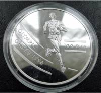 100 франков.1994г. Джибути. Олимпиада в Атланте/Бег. Серебро. Proof.