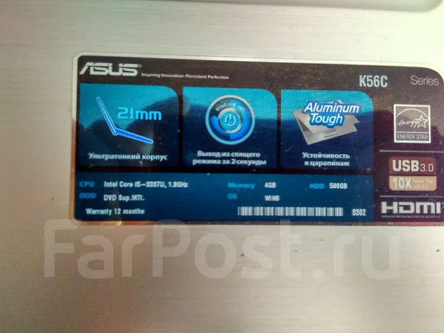 Asus K56C. 15.6", 1,8����, ��� 4 ��, ���� 500���, WiFi: 1, Bluetooth: 1, ����������� �� 4��. ����