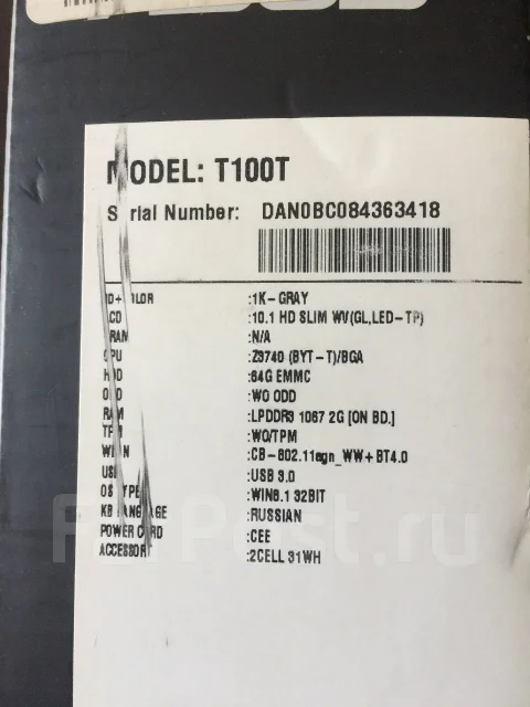 Asus Transformer Book T100TA-DK003H. 10", 2 660����, ��� 2048 ��, ���� 64���, WiFi: 1, Bluetooth: 1, ����������� �� 5��. ����