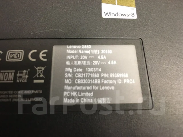 Lenovo G580. 15.6", 3����, ��� 8 ��, ���� 500���, WiFi: 1, Bluetooth: 1, ����������� �� 1��. ����