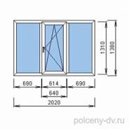 Пластиковое окно 2020*1380 мм, 3 створки (2 глухие, 1 открывающаяся)