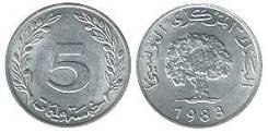 Тунис 5 миллим 1983 год (иностранные монеты)