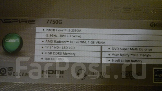 Acer Aspire 7750G. 17.3", 2,3����, ��� 4 ��, ���� 500���, WiFi: 1, Bluetooth: 1, ����������� �� 5��. ����