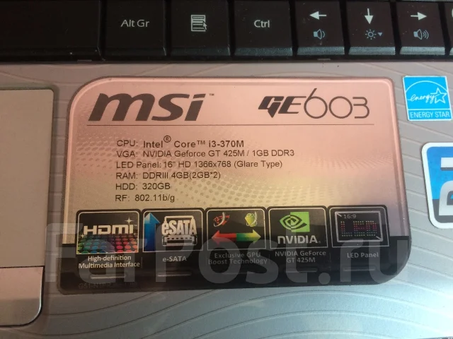 MSI GE603. 16", 2 400����, ��� 3072 ��, ���� 320���, WiFi: 1, Bluetooth: 1, ����������� �� 1��. ����