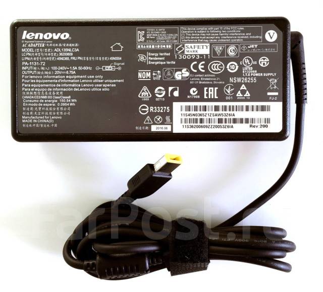 Зарядка для ноутбука Lenovo 20V 6.75A 135W (прямоугольный разъем ...