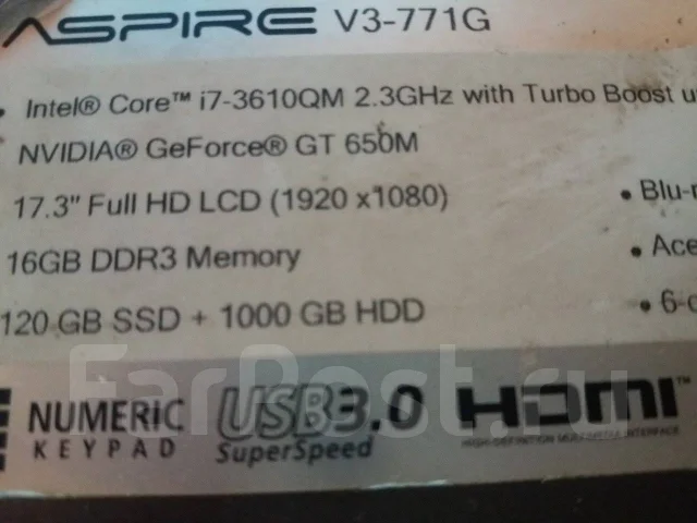 Acer Aspire V3-771G. 17.3", 3,3����, ��� 8 ��, ���� 1 000���, WiFi: 1, Bluetooth: 1, ����������� �� 3��. ����