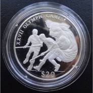 20 долларов.2000г. Либерия. Олимпиада/Хоккей/Коала. Серебро. Proof.