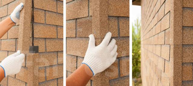 Монтаж плитки деке. Фасадная плитка ТЕХНОНИКОЛЬ Hauberk. Фасадная плитка ТЕХНОНИКОЛЬ Hauberk песчаный кирпич. Монтаж фасадной плитки ТЕХНОНИКОЛЬ Hauberk. Внешний угол ТЕХНОНИКОЛЬ Хауберг