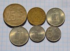 Турция 100 лир 25 бин лир 5 курус и др. В лоте 6 монет