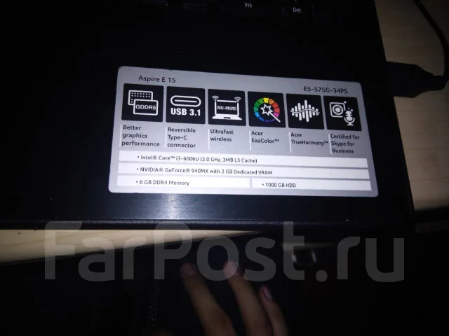 Acer Aspire E15. 15.6", 2����, ��� 6 ��, ���� 1 000���, WiFi: 1, Bluetooth: 1, ����������� �� 1��. ����