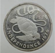 10 рупий.1976г. Сейшелы. Морская черепаха. Серебро. Proof.