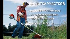 Валка, формовка, стрижка деревьев и кустов, окос травы, уборка мусора.