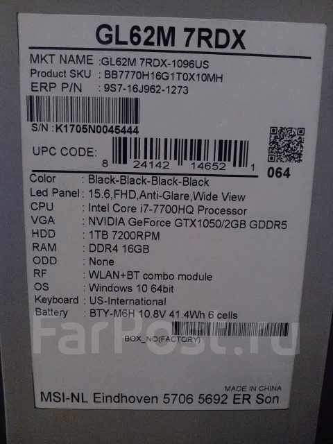 MSI GL62. 15.6", ��� 8 ��, ���� 1 000���, WiFi: 1, Bluetooth: 1, ����������� �� 10��. ����