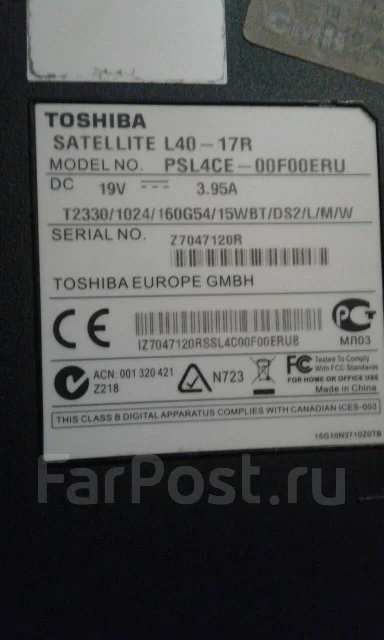 Toshiba Satellite L40. 15.6", 3,2����, ��� 1536 ��, ���� 160���, WiFi: 1, Bluetooth: 1, ����������� �� 1��. ����