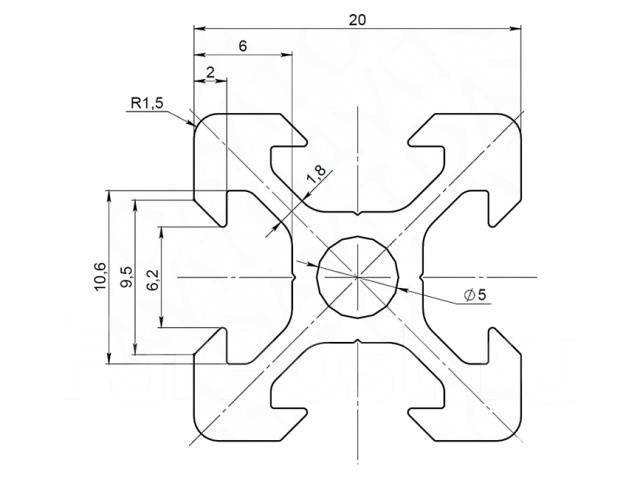 Профиль конструкционный алюминиевый 20х20 чертеж