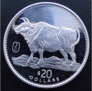 20 долларов.1997г. Либерия. Год быка. Серебро. RARE. Proof.