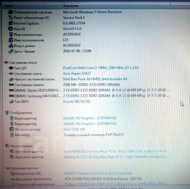 Acer Aspire 5742. 15.6", 2,3����, ��� 4 ��, ���� 250���, WiFi: 1, ����������� �� 3��. ����