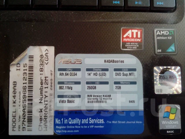 Asus K40AB. 14", 2,1����, ��� 2048 ��, ���� 250���, WiFi: 1, ����������� �� 1��. ����