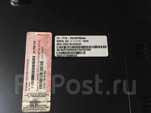 Acer Aspire V3-771G. 17.3", 2 300����, ��� 8 ��, ���� 750���, WiFi: 1, Bluetooth: 1, ����������� �� 3��. ����