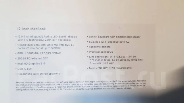 Apple MacBook 12. 12", ��� 256 �� � ������, ���� 256���, WiFi: 1, Bluetooth: 1, ����������� �� 10��. ����