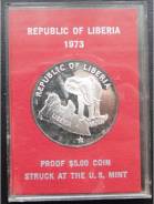 5 долларов.1973г. Либерия. Слон на карте Либерии. Серебро. Proof.