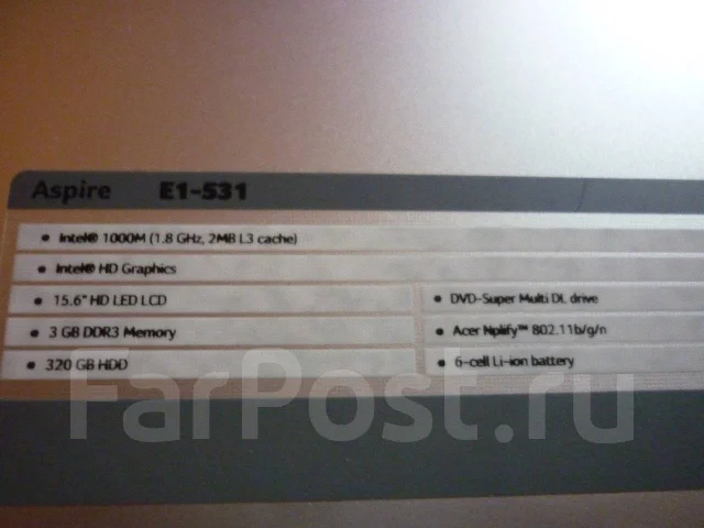 Acer Aspire E1-531. 15.6", 1,8����, ��� 3072 ��, ���� 320���, WiFi: 1, Bluetooth: 1, ����������� �� 6��. ����