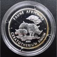 500 франков.2001г. Чад. Носороги. Серебро. Proof.